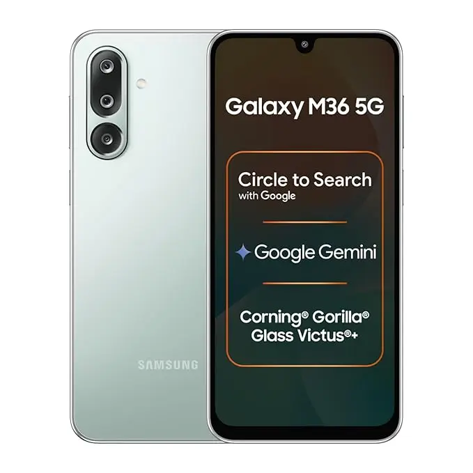 Samsung Galaxy M36 5G (Serene Green, 6 GB RAM, 128 GB Storage)| Circle to Search| Google Gemini| Corning Gorilla Glass Victus+| 7.7mm Slim| AI Enhanced 50 MP OIS Triple Camera| Unmatched Nightography 