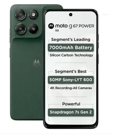 Motorola G67 Power 5G (Pantone Cilantro, 8GB RAM, 128GB Storage) | 6.7" FHD+ 120Hz LCD Display | Snapdragon 7s Gen2 Processor | 50MP + 8MP UW Camera | 7000mAh Battery with 30W Charger | IP64